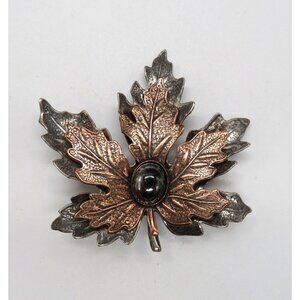 Maple Leaf Brooch 2" Pin Imitation Hematite Center Copper Silver Tone Metals